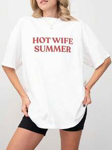 Hot Wife Summer Slogan Print T-Shirt, Summer Vacation Themed Short Sleeve Top For Women, Casual Humor Graphic Tee Vacation Outfits Women - trắng - Xem 7
