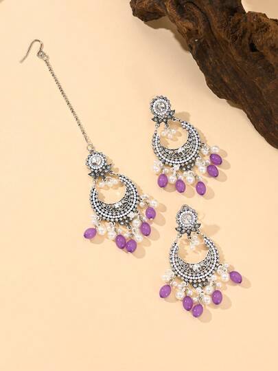 Bộ trang sức thanh lịch dành cho nữ, dây chuyền kiểu cung điện sang trọng đính đá lấp lánh kèm bông tai mặt dây chuyền hạt cườm, quà tặng lễ hội, phụ kiện trang sức cô dâu.