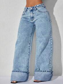 Low Waist Wide Leg Casual Blue Slanted Pocket Curved Women'S Jeans Summer Spring - Baby Blue - View 5