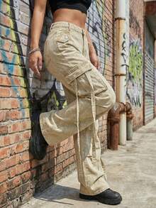 Casual Solid Color Elegant Bohemian Denim Pocket Button Zipper Women Jeans, Suitable For Office, Home, Daily Wear, School, Spring/Summer - Khaki - View 6