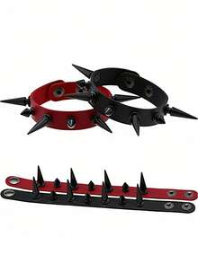 Yanxyad 1/2件組 龐克人造皮革尖刺鉚釘袖扣手鍊套組 哥德風寬版鉚釘釘飾扣環式手環 女款男款 搖滾可調節 萬聖節 Cosplay 飾品 - 彩色 - 查看 1