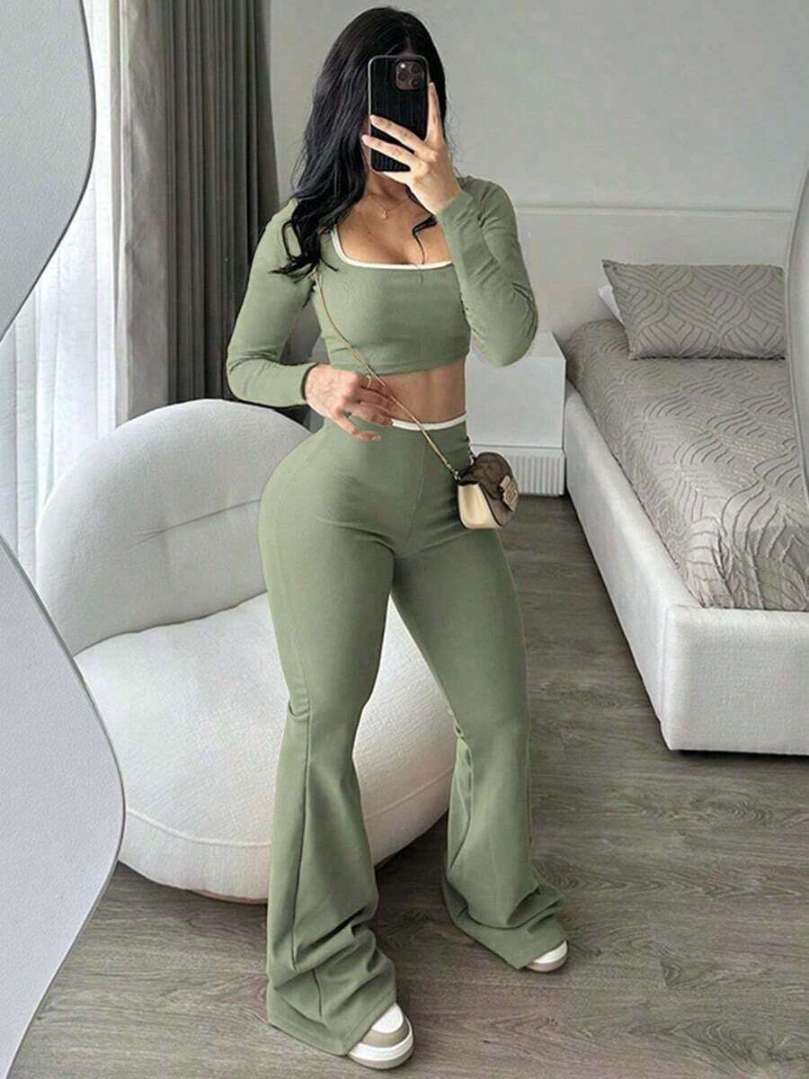 Slim Fit Set: Flare Ballerina Pants, Ribbed, High Waist, Cropped Top, Long Sleeve, Gringa Style, Casual, Sexy, Versatile, Comfy, Clean - 薄荷綠 - 查看 1