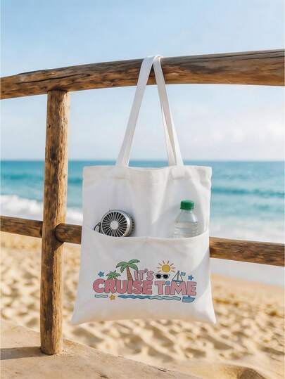 Pocket Vacation Tote Bag - Lightweight Large Capacity With Multiple Pockets For Convenient Access, Printed With "Time To Set Sail" Text, Summer Style Tote Bag, Travel Tote Bag, Washable And Reusable, Essential Travel Accessory