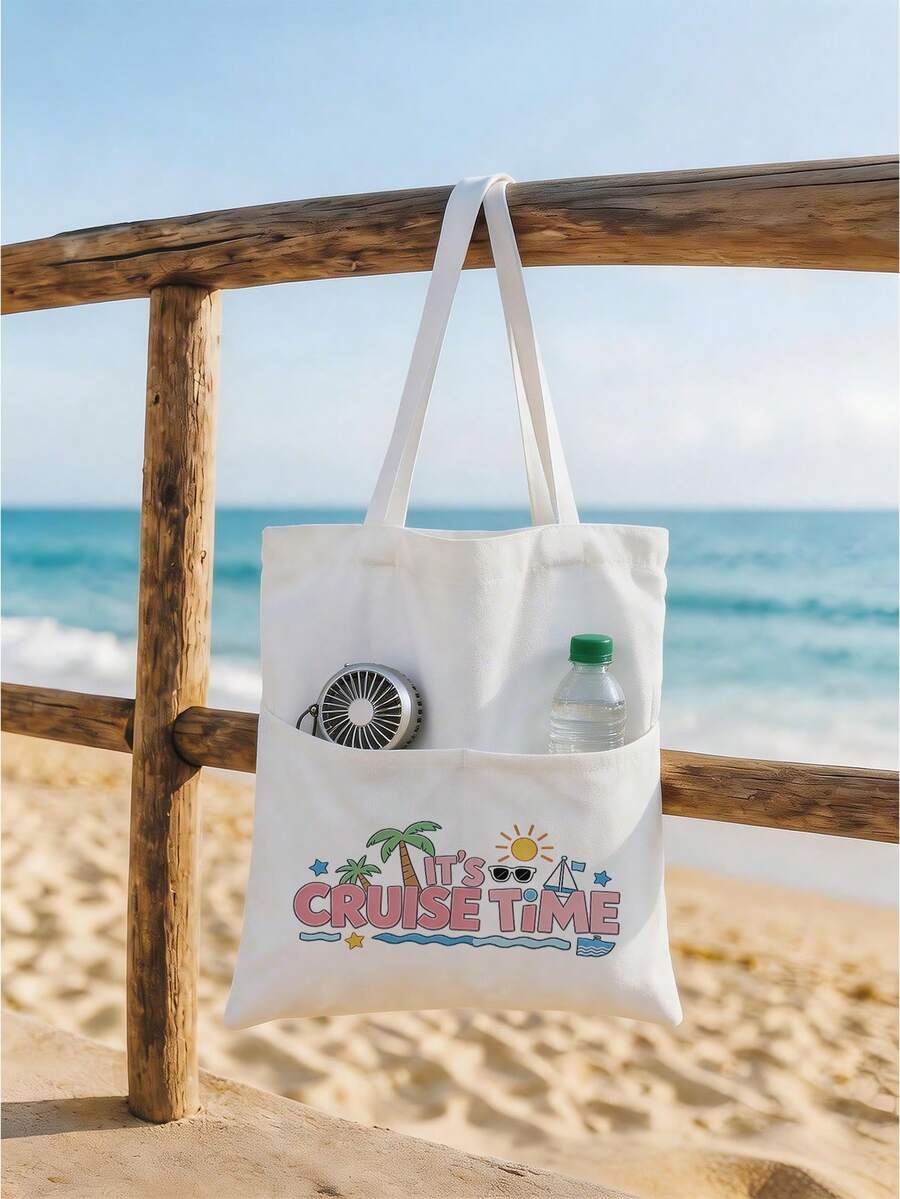 Pocket Vacation Tote Bag - Lightweight Large Capacity With Multiple Pockets For Convenient Access, Printed With "Time To Set Sail" Text, Summer Style Tote Bag, Travel Tote Bag, Washable And Reusable, Essential Travel Accessory - Multicolor - View 1