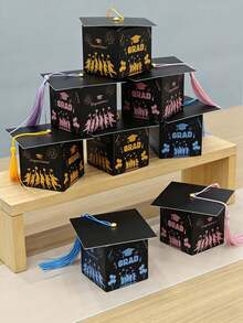 10pcs/30PCS Graduation Cap Gift Box, Graduation Candy Boxes Black Box With Gold Tassel, Desktop Decor, Suitable For Graduation Season, Graduation Party, Graduation Gift Packaging - View 4