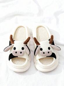 Cow Slippers For Women Cartoon House Slippers Fluffy Cute Animal Home Slippers Warm Soft Open Toe Shoes Romantic Couple Footwear For Wife Girlfriend - 米色 - 查看 5