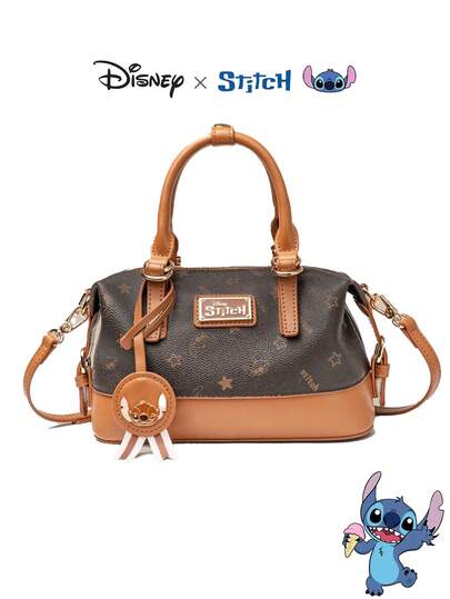 Disney 官方 Stitch 联名系列 Charm & Stitch 印花波士顿包 - 卡通印花单肩包，休闲时尚手提包，生日礼物