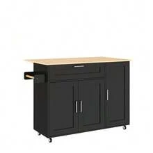 (=N635P21858284D) Large Mobile Kitchen Table 132.5*44(70)*90 Cm, Folding Top, Oak Finish, Multifunctional Cabinet, Spice Rack, Towel Rack, 5 Wheels, Suitable For Kitchen/Dining Room/Home - Black - View 10