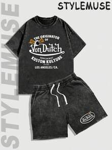 Women Casual Loose Fit Washed Short Sleeve And Shorts Outfit Trendys Y2K Style Washed Cotton Short Sleeve And Shorts Set Black Von Dutchs Logo Print Suitable For Outdoor Leisure Daily Wear Printed Washed T Shirt Set - 黑色 - 查看 2