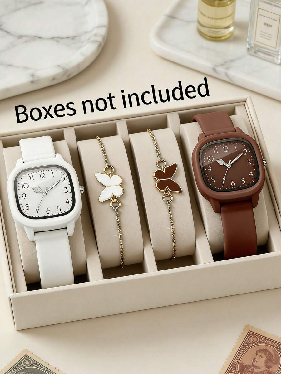 Bộ 4 món đồng hồ thạch anh nữ cổ điển nhẹ nhàng, thuộc bộ sưu tập phụ kiện dành cho nữ, bao gồm một chiếc đồng hồ mặt vuông với dây đeo silicon hai màu trắng/nâu, đi kèm với một chiếc vòng tay mặt dây chuyền hình bướm màu trắng/nâu cùng tông. Đồng hồ có thiết kế mặt số đơn giản, mang phong cách nhẹ nhàng và thư thái, toát lên vẻ nghệ thuật. - Nhiều màu - Xem 1