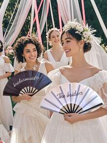 1 pieza Abanico plegable blanco/negro, abanico con estampado "Novia y Dama de Honor" en blanco y negro, 38 cm abierto 135° accesorio de boda para novia y dama de honor de tela y plástico, accesorio perfecto para despedida de soltera, decoración de boda y despedida de soltera - Multicolor - Ver 3