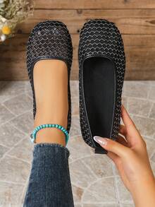 2026 Spring/Autumn Flat Hollow Slip-On Fishnet Mary Jane Shoes, Plus Size Women - Black - View 1