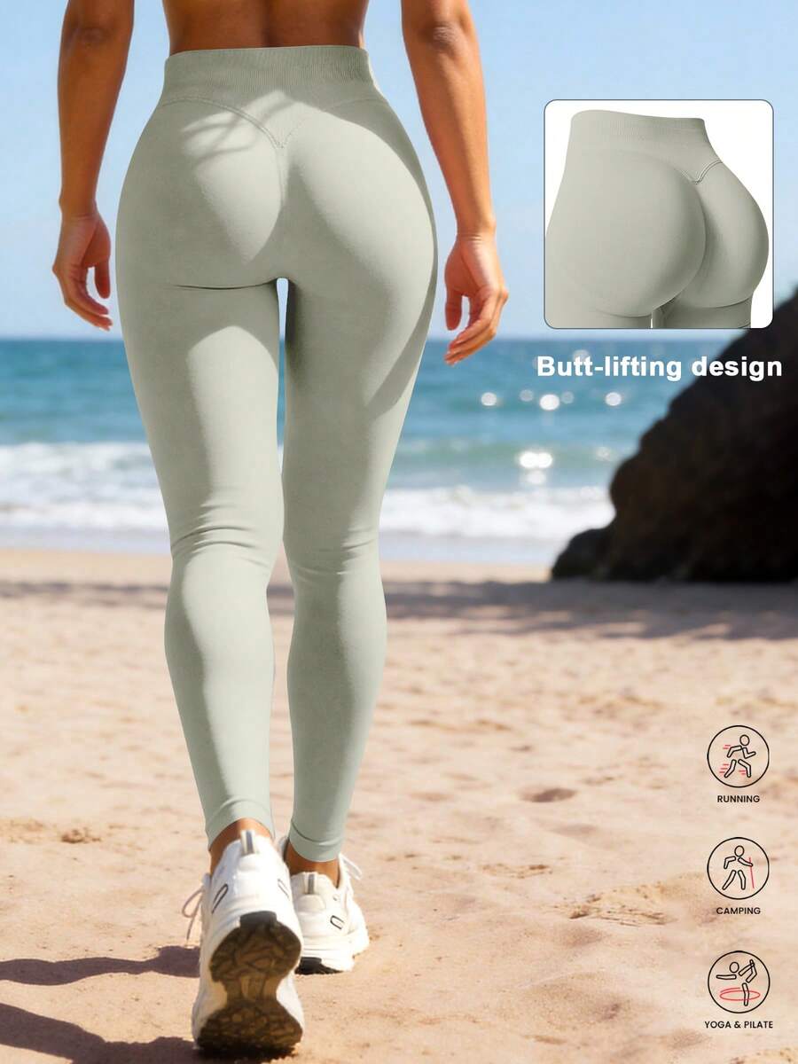 1pc Women's Solid Color Ribbed High Waist Seamless Elastic Outdoor Sports Pants - Light Grey - View 1