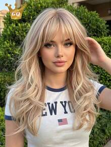 20 Inch Two Color Brown And Blonde Wig With Bangs Body Wave Wig For Women, Machine Made Heat Resistant Synthetic Wig, Natural Looking Daily Wear Wig For Office & Party - Brown - View 1