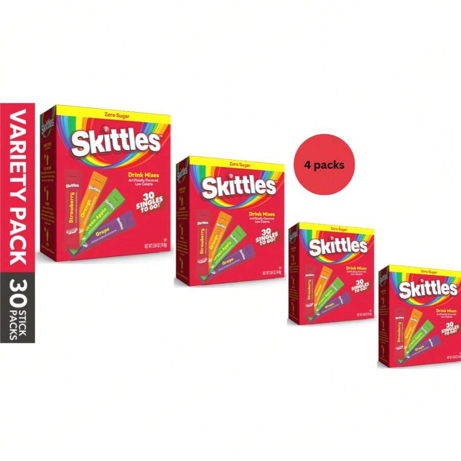 Skittles Zero Sugar Fruit Flavor Powdered Drink Mix Sticks, Original Variety Singles-To-Go, 30 Count Packets Per Box, 4-Pack Bundle Portable Beverage Mix - Fruity - View 1
