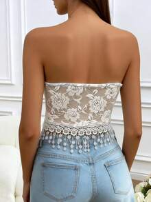 Women's French Style Mesh Patchwork Bandeau Top, Suitable For Vacation, Beach, Party, Date, Y2K , Versatile, Summer Outfit White - White - View 3