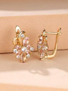 Vanel 1 Đôi bông tai hình hoa mạ vàng thời trang đính đá Cubic Zirconia, thiết kế cụm đá hình bầu dục, trang sức thời trang nữ, phù hợp để đeo hàng ngày và dự tiệc. - Vàng kim - hồng - trắng - Xem 2