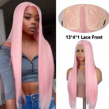 13*4*1 柔软 26 英寸 180% 密度黑色合成纤维前蕾丝假发，无需胶水，耐热透气，合成纤维材质，自然发际线，自由分缝，适合派对和日常佩戴 - 彩色 - 查看 13