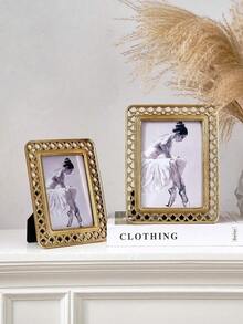 1 pieza Marco de fotos decorativo con patrón floral 3D de estilo minimalista moderno, material de resina con tono dorado para decoración del hogar, apto para uso horizontal y vertical, ideal para decoración de dormitorio, estudio, escritorio de oficina, regalo de cumpleaños o graduación - 1PC - Ver 3