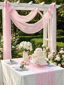 1 pieza Tela de tul rosa perla con perlas incrustadas, cortina de fondo para boda, tela decorativa para vestido de novia, decoración para fiesta de boda, telón de fondo para fotos, mantel, bandera, envoltura de regalo, tul bordado con perlas elegante para manualidades DIY, decoración de ceremonia, ducha nupcial, decoración del hogar, telón de fondo para eventos - Perla rosa - Ver 8