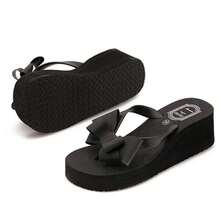 New Arrivals Bowknot Wedge Heel Flip Flops For Women, Thick-Soled Eva Slippers - 黑色 - 查看 5