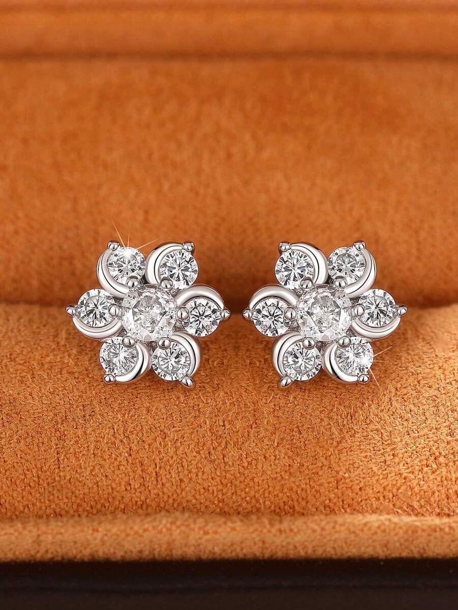 1 Pair Cubic Zirconia Elegant Stud Earrings, Suitable For Daily Decoration, Party Jewelry Or Birthday Gift For Teenagers - Silver - View 1