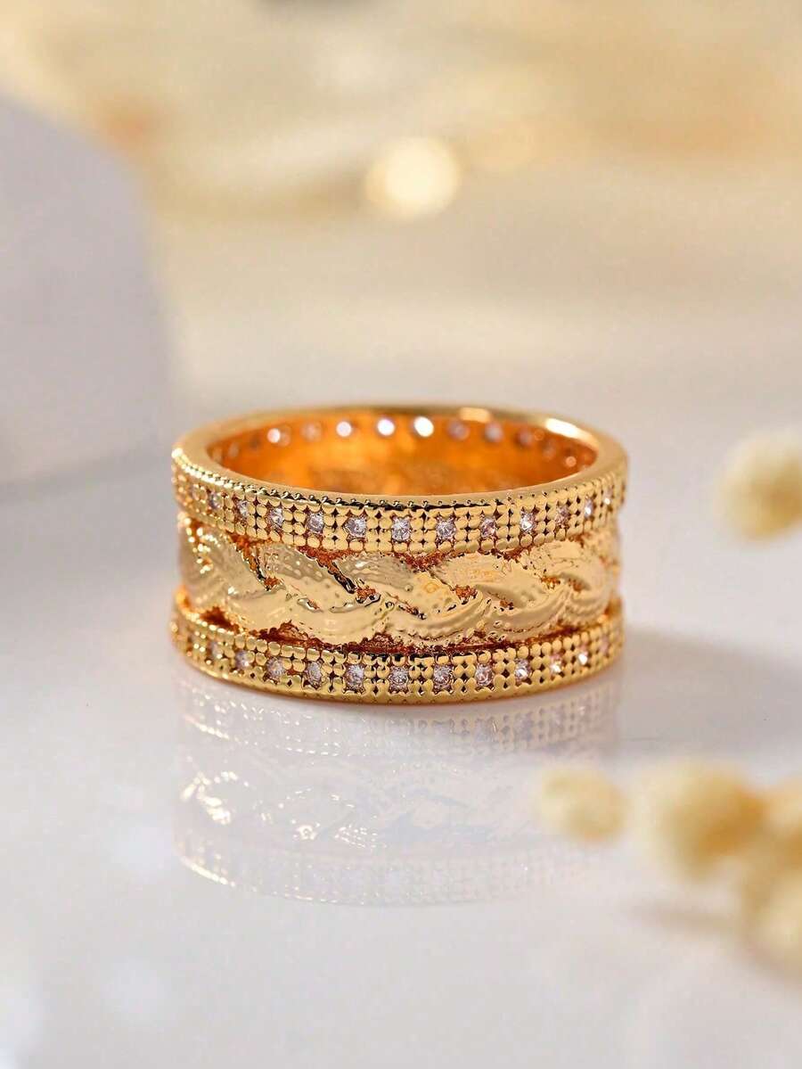 1pc Vintage 18K Gold Plated Copper Women's Ring, Suitable For Daily Wear, Parties, Festivals, And Gifts - Gold - View 1