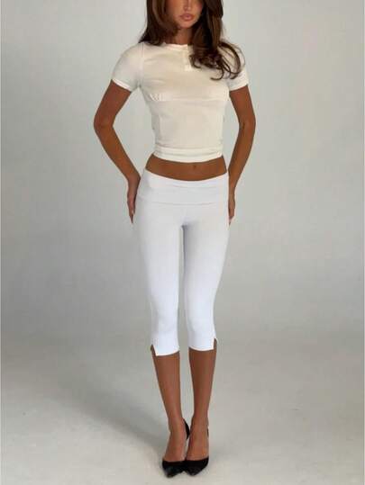 Women Athleisure Loungewear Aesthetic Split Hem Capri Pants Fold Over Waist Solid Color High Stretch Slim Fit 3/4 Length Cropped Trousers For Casual Daily Wear