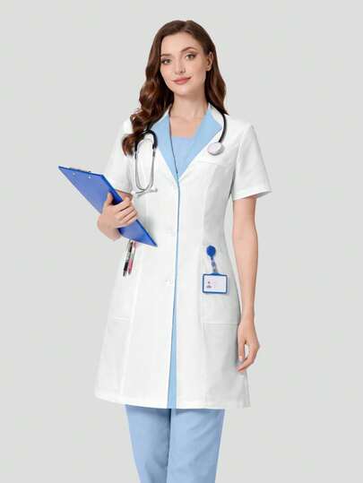 cimmuovere Bata de mujer de manga corta con contraste de color para enfermera, uniforme de trabajo, dentista, atención médica, veterinaria, laboratorio en color blanco