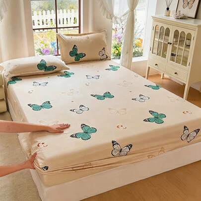 蝴蝶印花床笠，亲肤柔软材质，家用床垫保护套，适用于单人床和双人床，多种尺寸可选