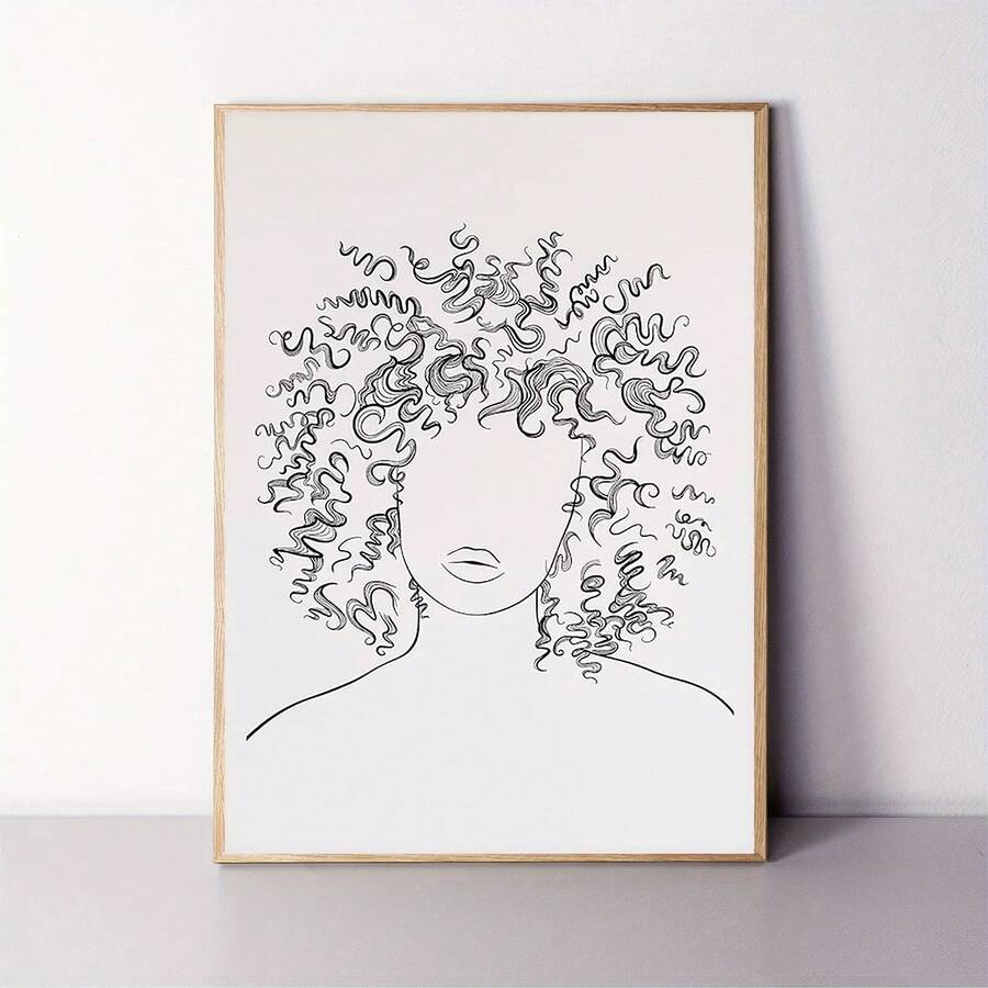 Plano 2D, 1 pieza, 30.48x40.64 cm, sin marco, Lámina artística de línea africana rizada, Arte de pared imprimible, Póster artístico de peinado de mujer, Pintado a mano, Decoración para salón de belleza, Regalo para peluquero, Descarga digital, Divertida y creativa pintura en lienzo para decoración - Sin marco - Ver 1