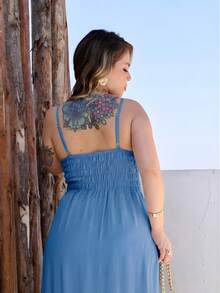 Elegant Women's Long Dress With Padded Cups, Lining, Adjustable Straps, And Front Buttons - 淺藍色 - 查看 4