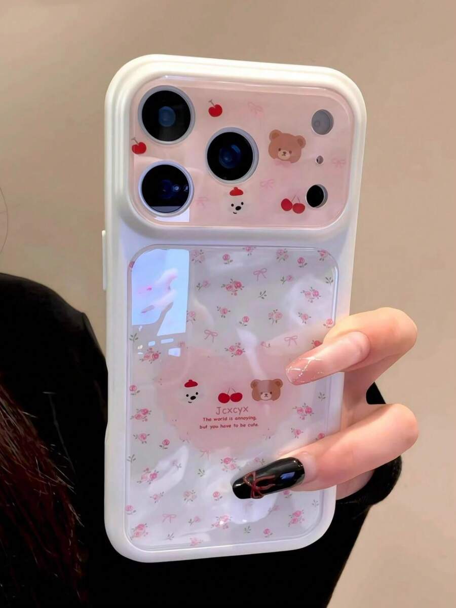 Cute Bow Teddy Bear & Apple Full Screen Pink Tulip Phone Case, Fashionable New TPU Protective Back Cover Gift For IPhone 17 Pro Max, 16, 15, 14 Pro Max - Pink - View 1