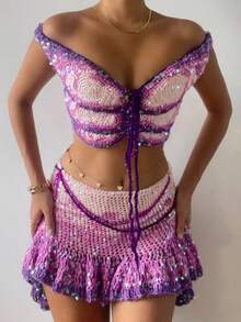 Y2K Women's 3D Butterfly Sequin Crop Top, Off Shoulder Cut Out Tie Front Glitter Top For Festival Rave Vacation - Multicolor - View 2