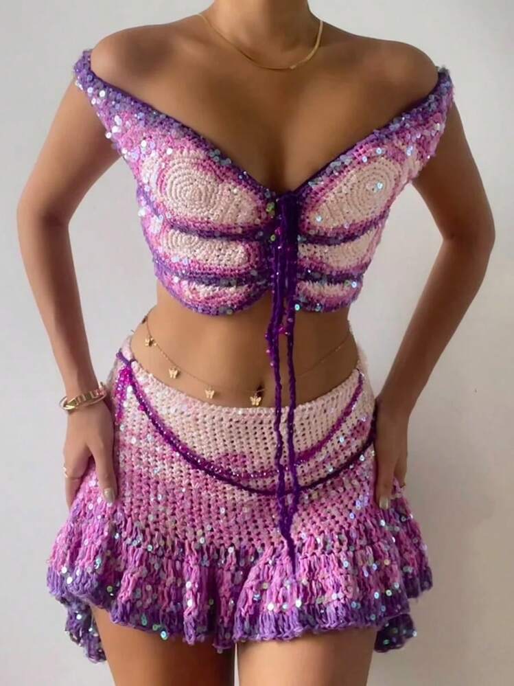 Y2K Women's 3D Butterfly Sequin Crop Top, Off Shoulder Cut Out Tie Front Glitter Top For Festival Rave Vacation - Nhiều màu - Xem 2