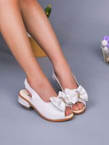 女童白色蝴蝶结露趾公主凉鞋，简约百搭的夏季鞋款 - 白色 - 查看 6
