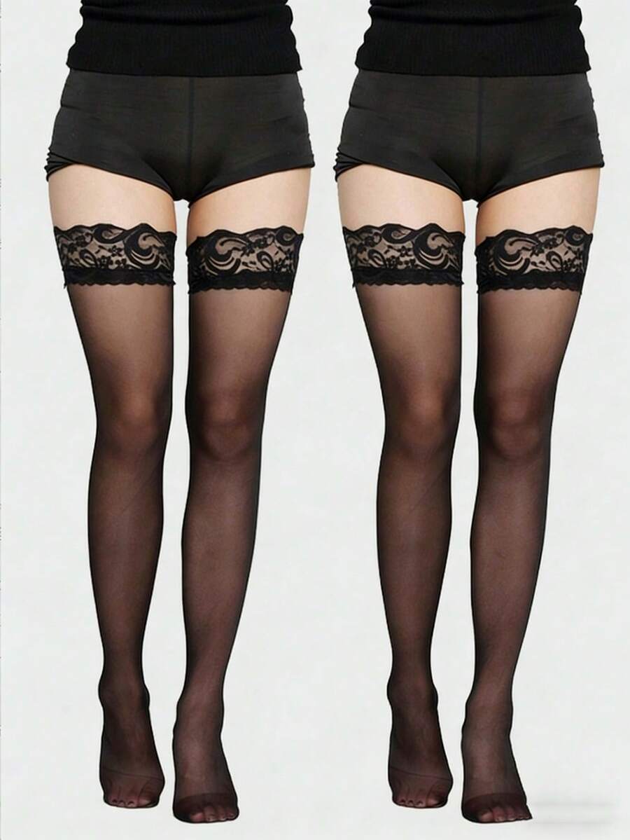 3/2/1 Pair Women Thigh High Stockings, Sheer Lace Over-The-Knee Socks - Multicolor - View 1