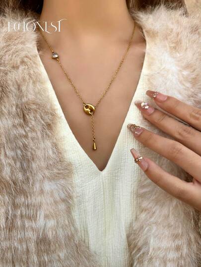 1pc Stainless Steel Golden Pig Nose Heart Cubic Zirconia Y-Necklace Pendant, High Quality Jewelry Accessory For Gala & Party