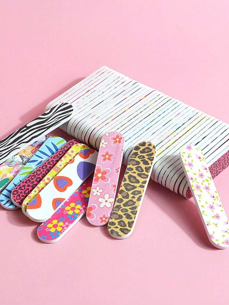 50 buah Kikir Kuku Warna Campuran, Blok Penggosok Kuku 7 Sisi Motif Leopard Warna-warni, Pendorong Kuku, Stik Pembentuk dan Pemoles Kuku Buram, Cocok Untuk Pemula dan Salon Kuku - A - View 1