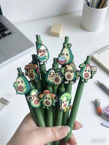 5/10pcs Creative Avocado Roller Ball Pens, Featuring Cute Cartoon Design, Positive Vibe, Smooth Writing. Suitable For Daily Use, Stationery, Home, Party And Office Needs (Green Avocado Design) - Sets - View 3