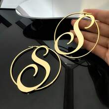 1 Pair Custom Initials Drop Earrings For Women, Personalized Single Letter Ring Earrings, Custom Letter Large Hoop Earrings, Personalized Gift For Her - Stainless Steel Durable Statement Jewelry - Gold - View 1