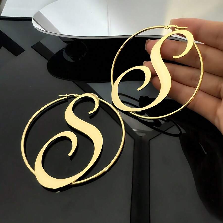 1 Pair Custom Initials Drop Earrings For Women, Personalized Single Letter Ring Earrings, Custom Letter Large Hoop Earrings, Personalized Gift For Her - Stainless Steel Durable Statement Jewelry - Gold - View 1