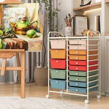 COSTWAY Carrito de almacenamiento con 15 cajones, carrito de utilidad multiusos con ruedas con ruedas bloqueables y cajones extraíbles, organizador móvil de herramientas, papel scrapbook para oficina, escuela y hogar, color Macaron - transparente - Ver 7