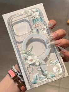 1pc Leaf & Flower Pattern Transparent Magnetic Wireless Charging Soft & Hard Phone Case, Anti-Scratch Anti-Fingerprint Compatible With IPhone 15, 16 Pro/Pro Max, 14, 15, 16 Plus, 17, 17Pro, 17Pro Max, Unisex Spring Birthday Gift - Clear - View 1