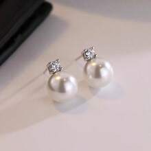 高品质手工耳环，纽扣珍珠耳环，925纯银镀金耳钉，立方氧化锆，低过敏性珍珠耳环，新娘婚礼，女士生日礼物 - 銀色 - 查看 5