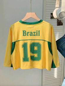 Cropped Brazil Women's Vintage Style Short Sleeve V-Neck - Yellow Green Baby Tee, World Cup Look, Perfect Fit And Retro Style - 黃色 - 查看 4