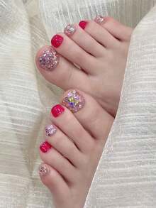 10Pcs Press On Toe Nails, Handmade Toe Nails, Hot Pink Sparkly Toe Nails, Shiny Toe Nails , Sparkling Toe Nails Toe Nails.Toe Nail,Make The Toe More Beautiful,10Pcs Sparkly Glitter Toe Nail Press On | Bling Bling Fake Toe Nails For Summer - Hot Pink - View 2