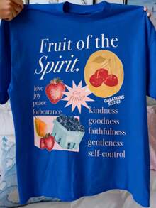Shirt Women's Fruit Print Round Neck T-Shirt - Soft Casual Short Sleeve Top With Inspirational "Fruit Of The Spirit" Design, Vibrant Strawberry Blueberry Lemon Graphics, Machine Washable Regular Fit For Casual Attire, T-Shirt Stylish, Comfortable TeeLoose And Comfortable2026 Halftime Show Shirt - 藍色 - 查看 4