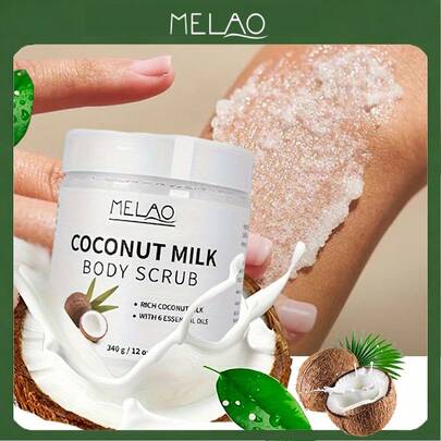  MELAO Coconut Milk Body Scrub, Infused With 6 Essential Oils, 340g - Nourishing Exfoliating Scrub, Leaves Skin Soft, Smooth, Hydrated, With A Rich Coconut Aroma