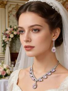 Bộ trang sức hình chữ V đính pha lê màu hồng tím ombre gồm 2 món, thiết kế lãng mạn tinh tế, phù hợp với váy cưới hoặc đeo hàng ngày. - Nhiều màu - Xem 2